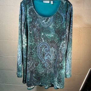 Susan Graver Women Teal and Blue Paisley Long Sleeve Tunic Top 1X hi-low Blouse